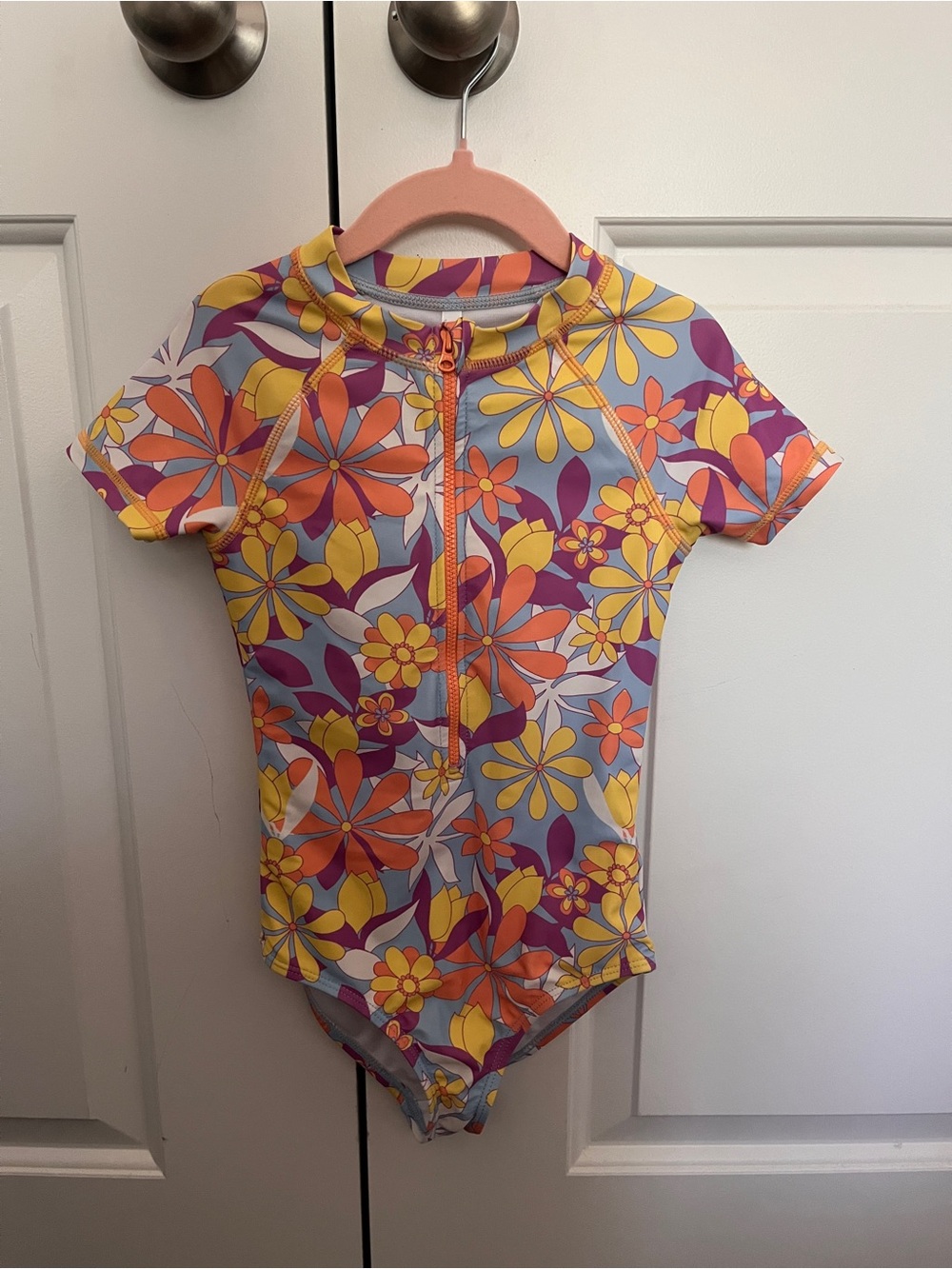 Joe Fresh Girls' Floral Zip-Front One-Piece Swimsuit - Yellow, Orange, Purple